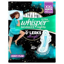 WHISPER BINDAZZZ NIGHTS XXL PADS 44PCS